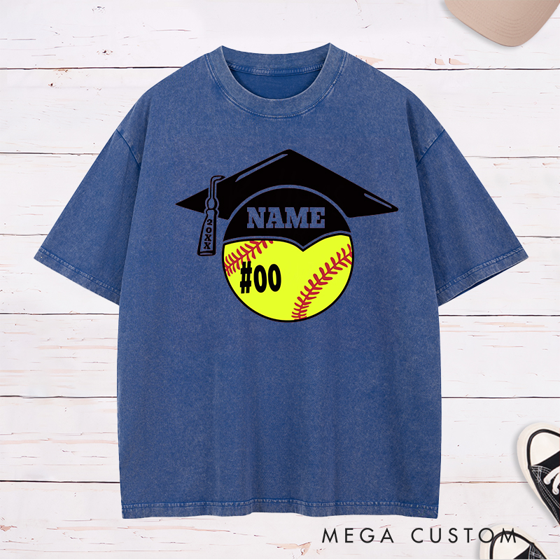 Personalized Graduation Softball Washed T-Shirt Design Featuring Custom Name Player Number Graduation Cap and Bat Graphic