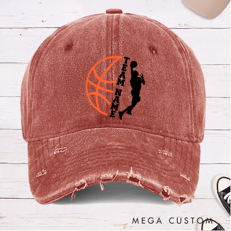 Personalized Distressed Denim Basketball Cap with Vertical Team Name and Player Silhouette Design