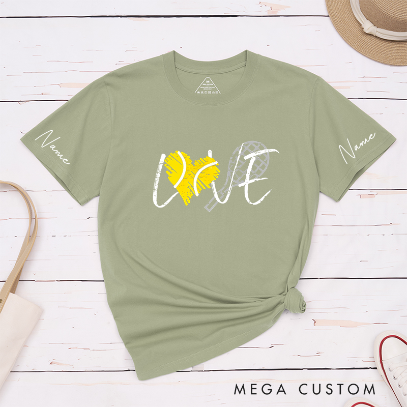 Personalized Tennis Love T-Shirt with Heart and Racket Design and Custom Name