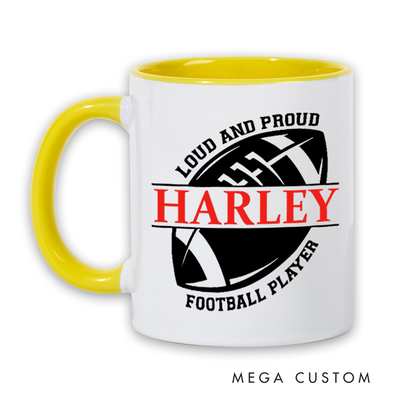 Personalized Rugby Mug with Custom Name Loud and Proud Football Player Design Durable Ceramic and Two Tone Handle