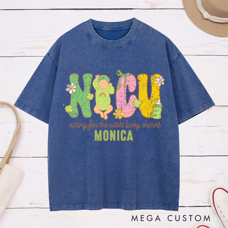 Personalized Nurse Washed T-Shirt Customized NICU Caring for the Cutest Lucky Charms Design Washed T-Shirt 