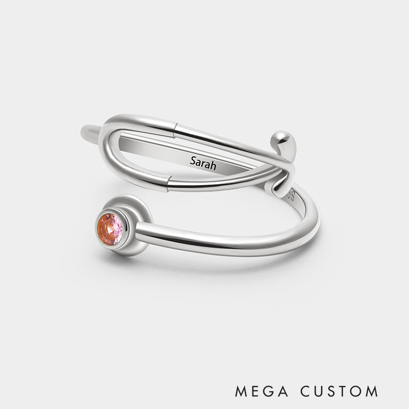 Personalized Adjustable Stethoscope Ring – Custom Name and Birthstone Sterling Silver Open Ring 925 Sterling Silver Gifts for Her