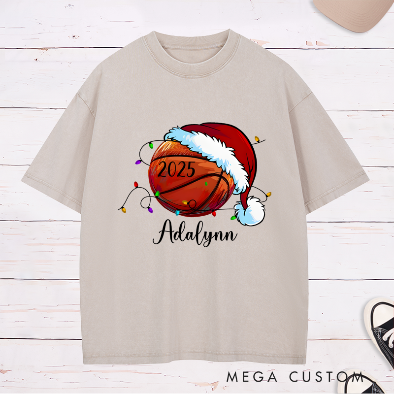 Personalized Festive Washed T-Shirt with Custom Name, Year, and Basketball Santa Hat Design