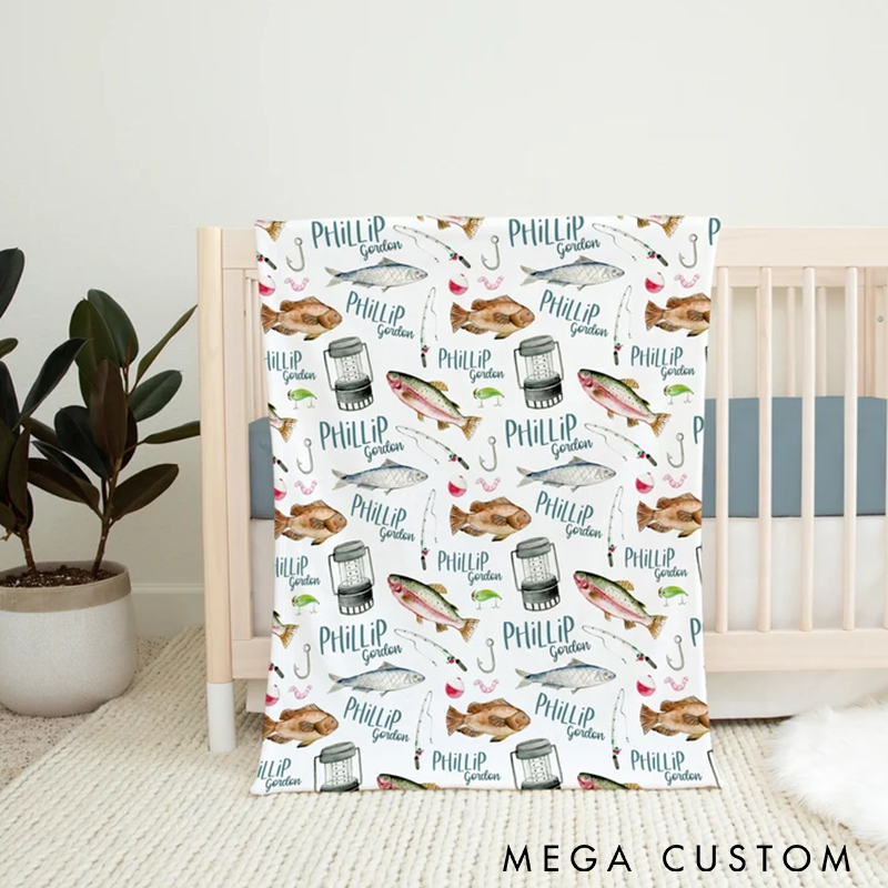 Personalized Fishing Blanket Fishing Nursery Blanket Fishing Swaddle Blanket with Fish and Tackle Design Perfect Gift for Anglers