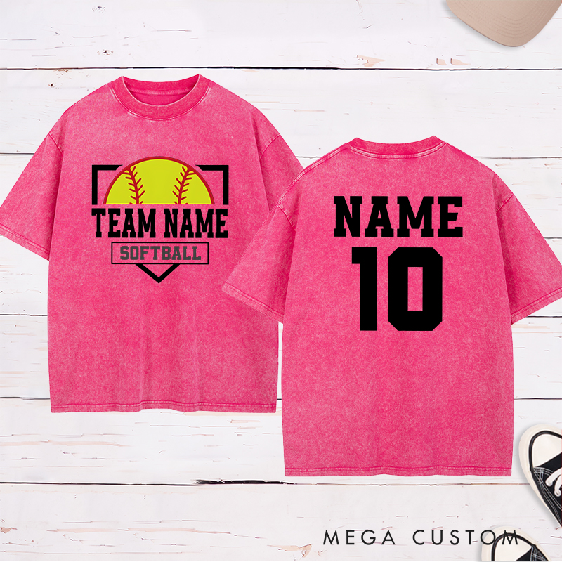 Personalized Softball Team Washed T-Shirt Design Featuring Custom Team Name Player Name and Number with Bold Graphics