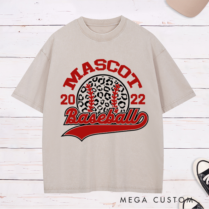 Personalized Team Baseball Washed T-Shirt Custom Name, Year and Trendy Leopard Design