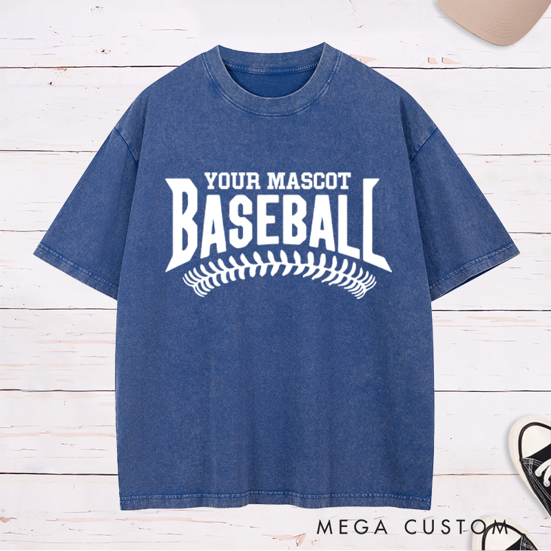 Personalized Baseball Washed T-Shirt with Custom Mascot Name and Classic Stitch Design