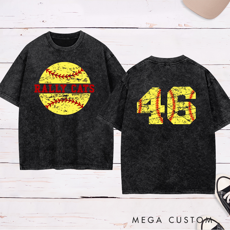 Personalized Softball Washed T-Shirt Design Featuring Custom Team Name Distressed Softball Graphic and Bold Jersey Number on the Back