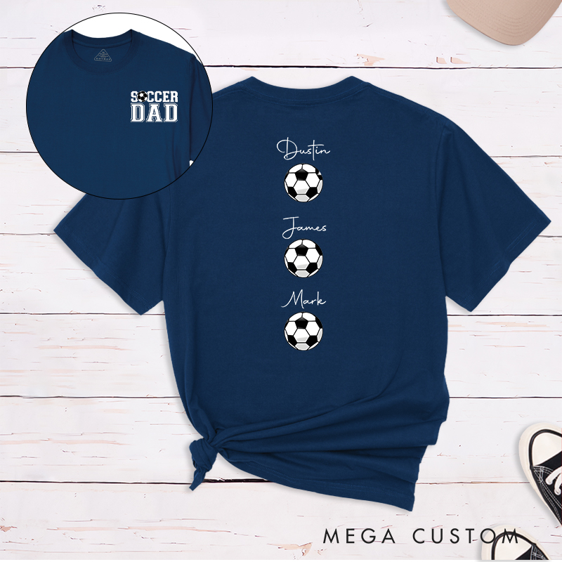 Personalized Soccer Dad T-Shirt with Custom Kids’ Names and Ball Graphics