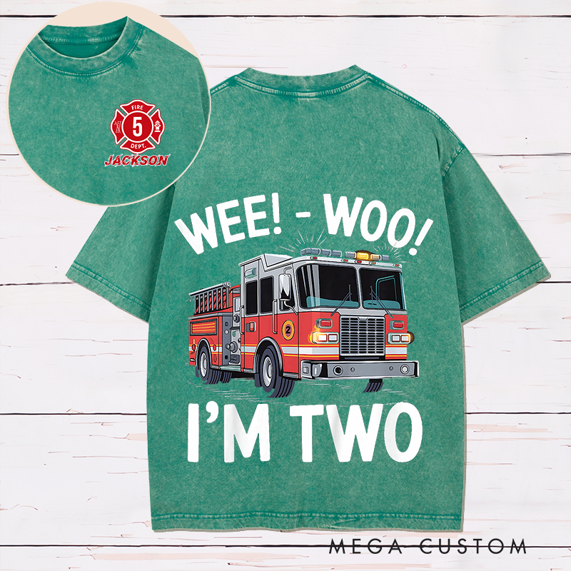 Personalized Firefighter Washed T-Shirt Fire Truck Wee-Woo I'm Two Gift for Firefighter