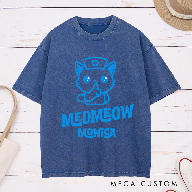 Personalized Nurse Washed T-Shirt Customized Nurse Cat Design Washed T-Shirt 