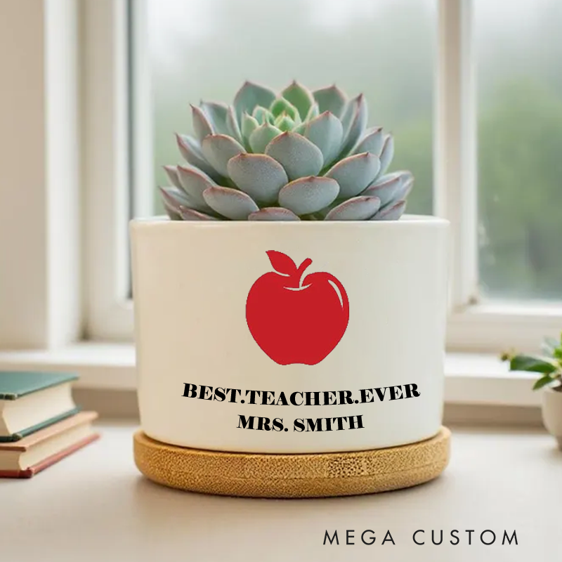 Personalised Teacher Apple Wisdom Icon Ceramic Plant Pot Custom Gift for Teachers