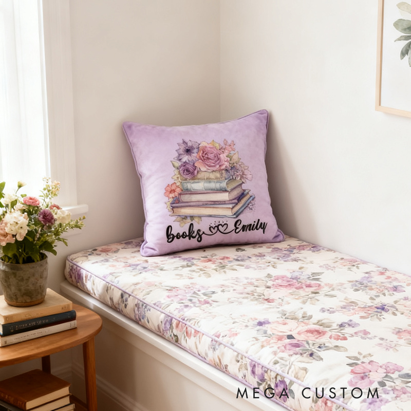 Personalized Flower Books Pillow Christmas Graphic 3D Watercolor Flowers and Books Custom Name Gift for Reading Lovers