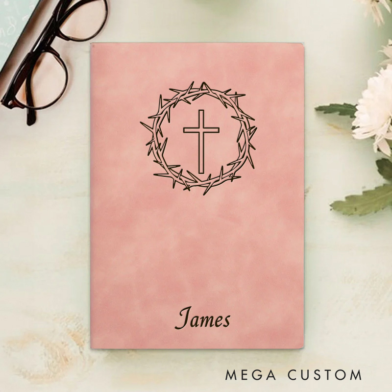 Personalized Cross and Thorns Journal Leather A5 Notebook with Name Religious Prayer Notebook Birthday Easter Christmas Gift for Christians