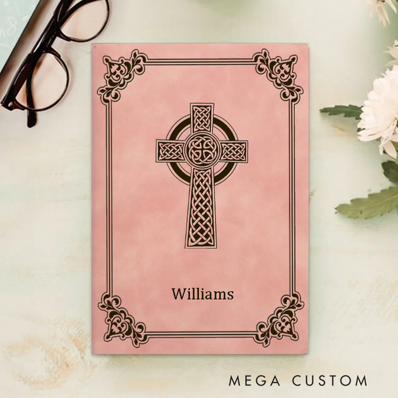 Personalized Celtic Cross with Elegant Decorative Border Prayer Journal Leather A5 Notebook with Name Religious Gift for Christians