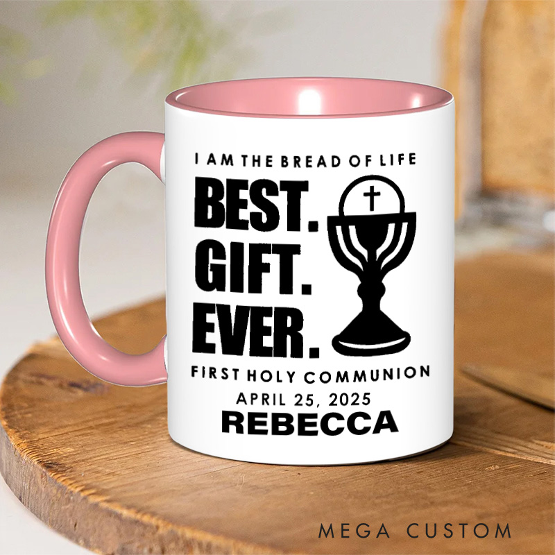 Personalized I am the Bread of Life 11oz Ceramic Mug with Name Funny Catholic Ceramic Inner Color Mug for Kids First Communion Gift for Godchild