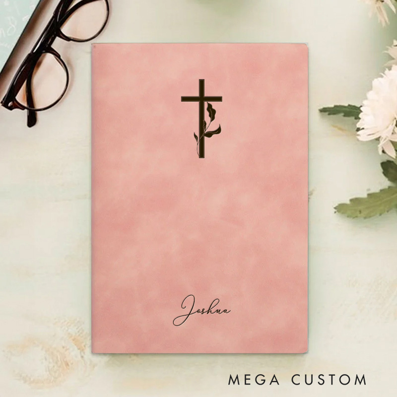 Personalized Cross with Leaves Prayer Journal A5 Leather Notebook with Name Religious Journal for Men Women Birthday Easter Christmas Gift for Christians