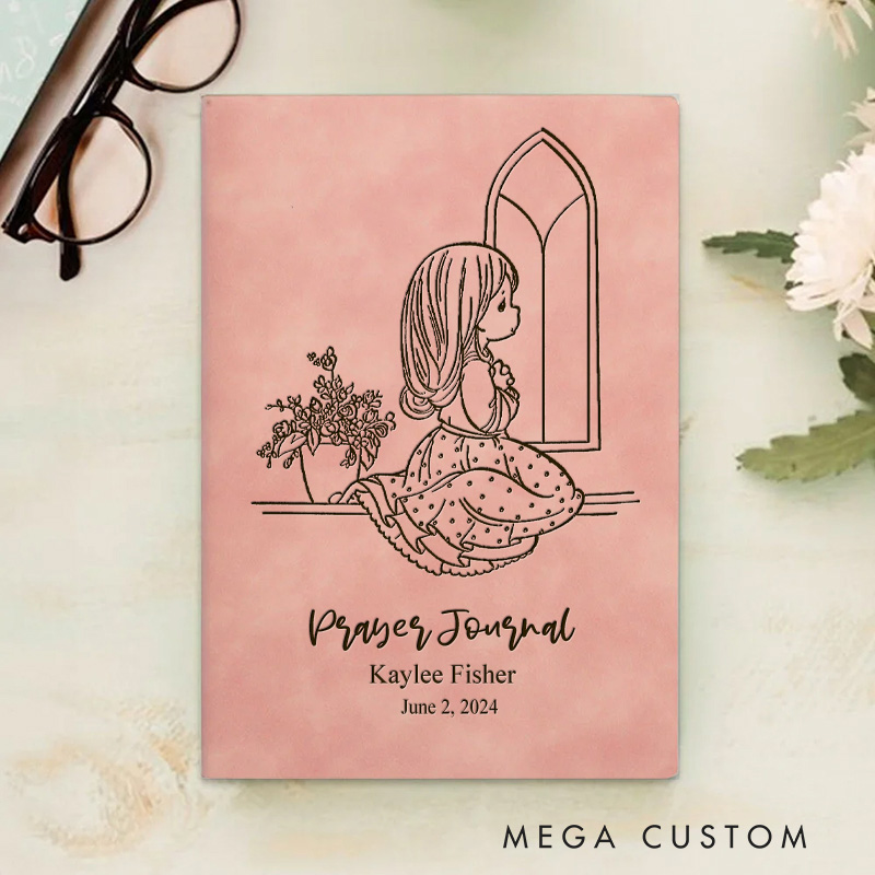 Personalized Little Girl at the Window Prayer Journal Leather A5 Notebook with Name and Date First Communion Birthday Gift for Girls