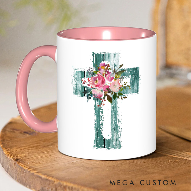 Personalized Pink Watercolor Florals and Teal Cross Christian Ceramic Inner Color Mug with Name Religious Gift Birthday Gift for Women