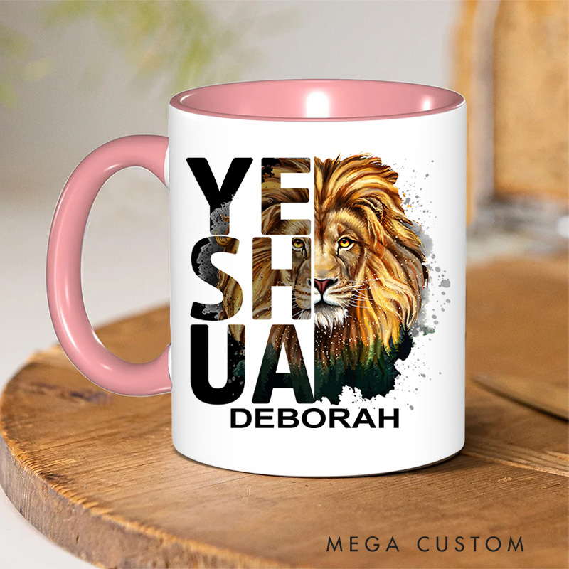Personalized Bible Verse Classic Lion Imagery Christian Inner Color Ceramic Mug with Name Religious Gift Birthday Gift for Christian