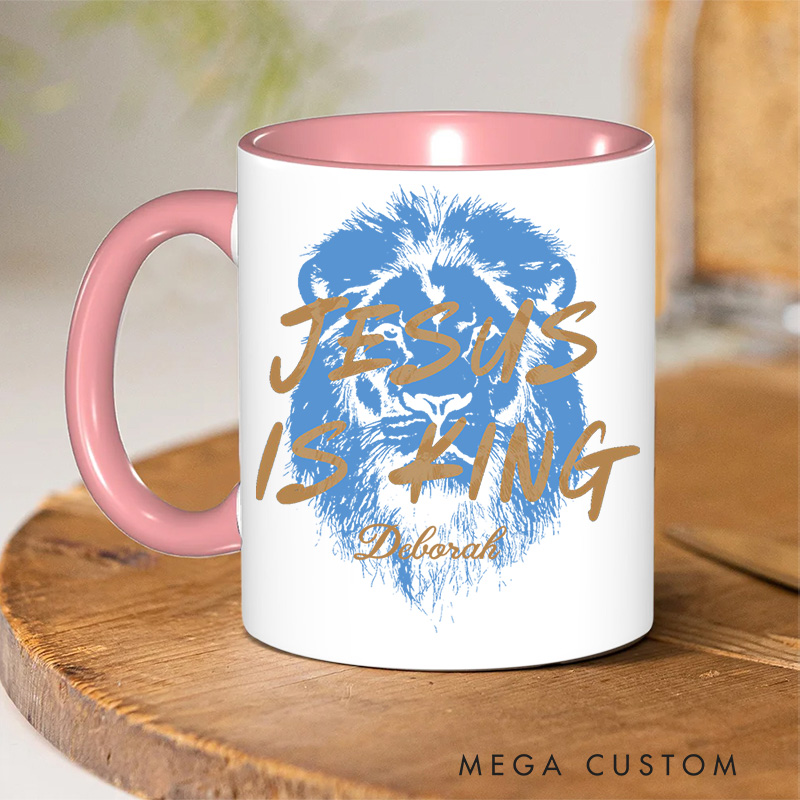 Personalized Bible Verse Jesus Is King Cross Inner Color Ceramic Mug with Name Birthday Religious Inspirational Gift for Christian