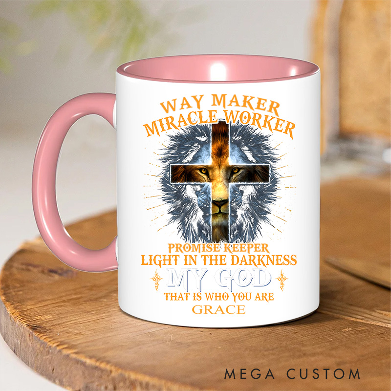 Personalized Cross Lion Bible Verse Inner Color Ceramic Mug with Name Birthday Religious Inspirational Gift for Christian