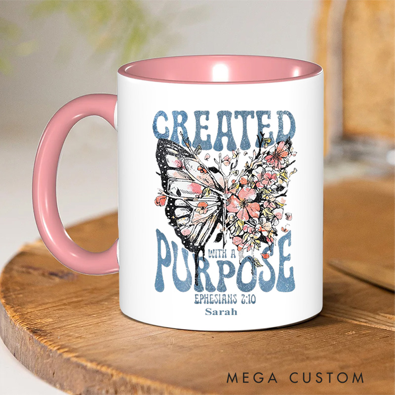 Personalized Created With a Purpose Bible Verse Christian Inner Color Ceramic Mug with Name Religious Gift Birthday Gift for Christian