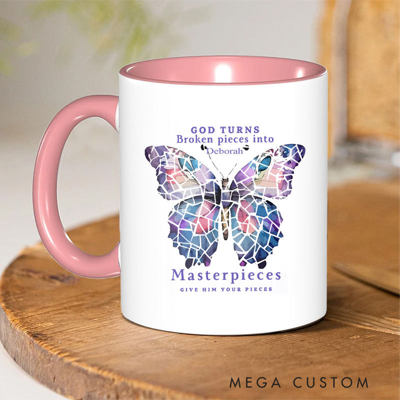 Personalized God Turns Broken Pieces Into Bible Verse Inner Color Ceramic Mug with Name Birthday Religious Inspirational Gift for Christian