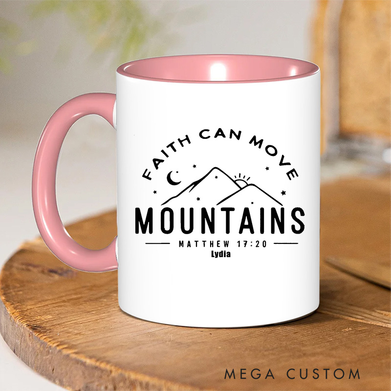 Personalized Faith Can Move Mountains Bible Verse Ceramic Inner Color Mug with Mountains and Stars Pattern Custom Name Mug Birthday Gift for Christians