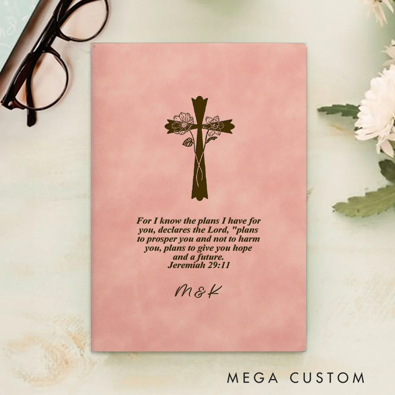 Personalized Engraved Cross Birth Flower Bible Verse Leather A5 Notebook with Name for Church Bible Study Christmas Easter Gift for Christian Prayer