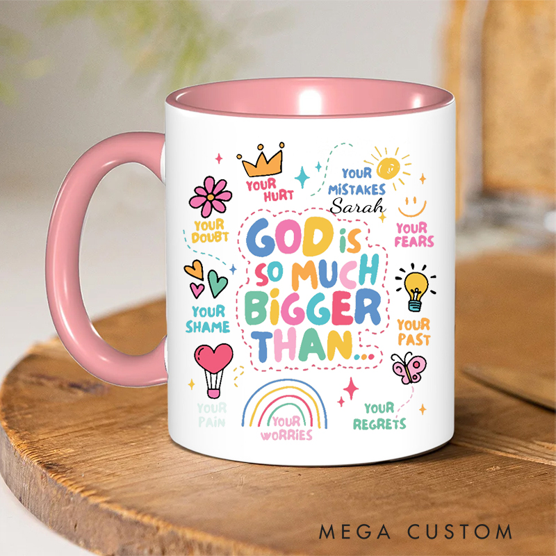 Personalized God Is Bigger Bible Verse Inner Color Ceramic Mug with Name Birthday Religious Inspirational Gift for Christian