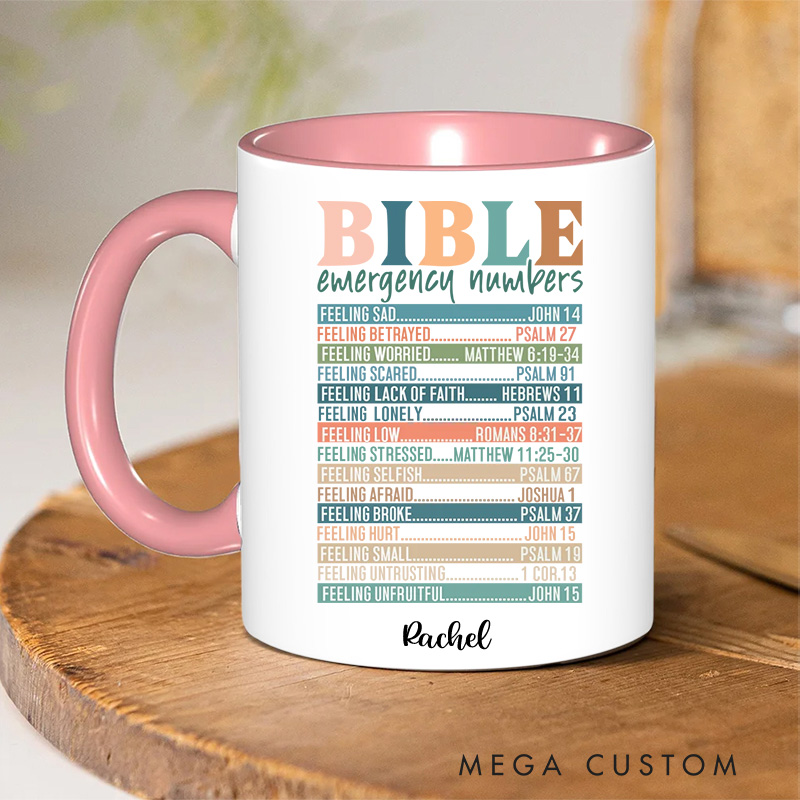 Personalized Multicolor Bible Emergency Numbers Ceramic Inner Color Mug with Name Religious Gift Birthday Gift for Women