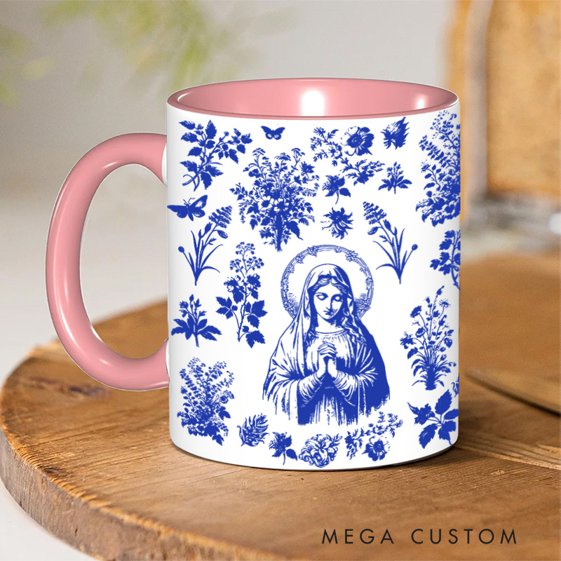 Personalized Catholic Virgin Mary Toile De Jouy 11oz Ceramic Mug with Name Our Lady Coffee Cup Vintage Floral Marian Mug Christian Gift for Women