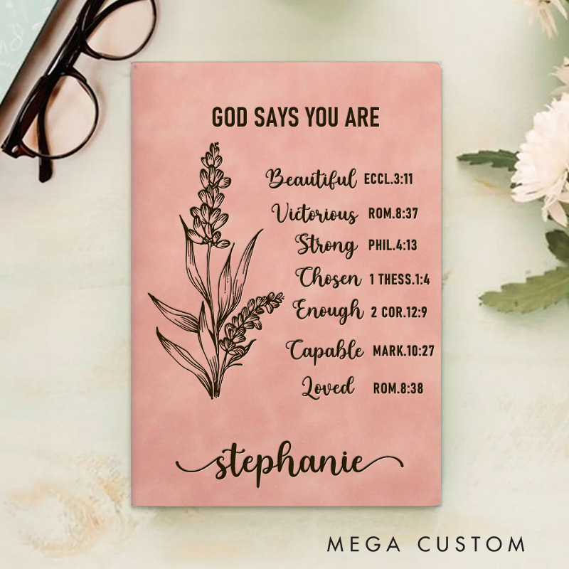 Personalized God Says I am Positive Affirmations Prayer Journal Leather A5 Notebook with Name Religious Gift Birthday Gift Christian Gift for Women