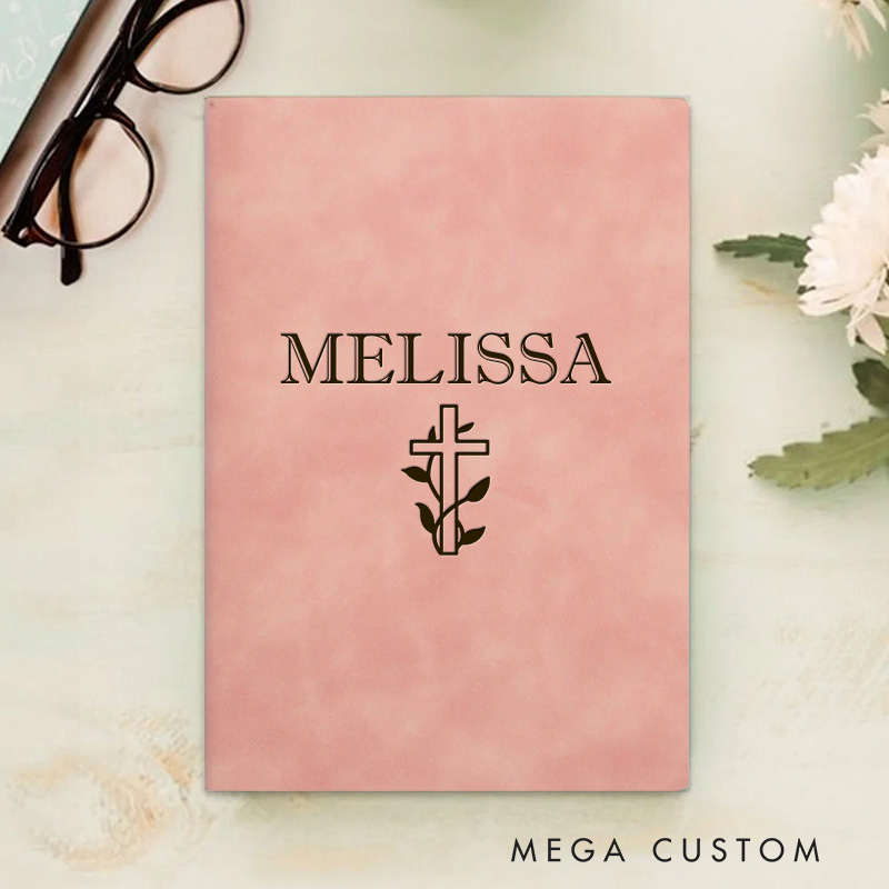 Personalized Cross with Leaves Prayer Journal Leather A5 Notebook with Name Religious Gift Birthday Gift for Christian Baptism & Christening Gift