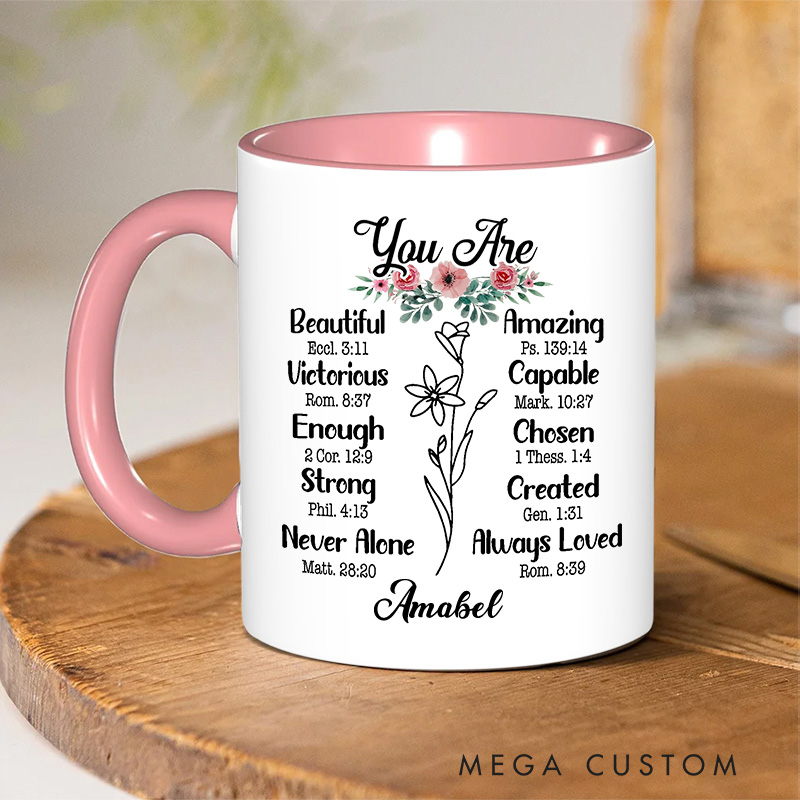Personalized You Are Christian Ceramic Inner Color Mug with Name Bible Verse Coffee Mug Inspirational Gift Religious Gift Christian Gift for Women