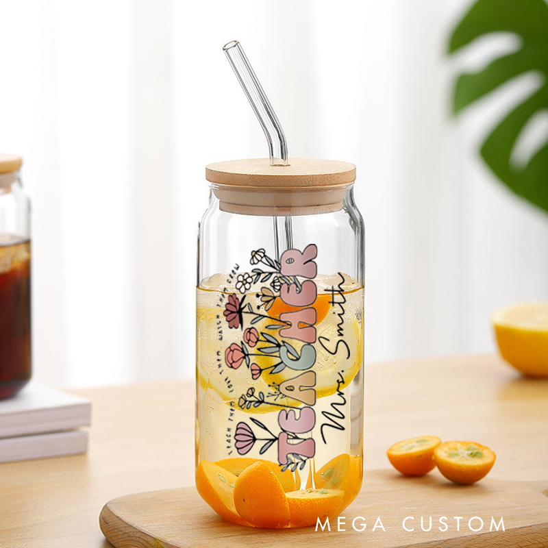 Personalized Teacher Tumbler with Lid and Straw Flower Teacher Custom Glass Coffee Cup Teacher Appreciation Gift