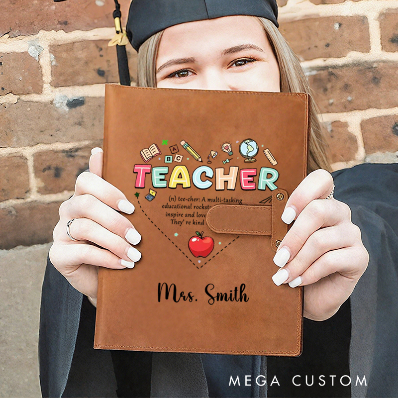 Personalized Teacher A5 Leather Notebook Cover with Pocket Colorful Teaching Design Appreciation Gift for Teachers