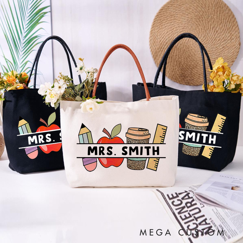 Personalized Teacher Canvas Tote Bag Pencil Apple Coffee Design Appreciation Gift for Teachers