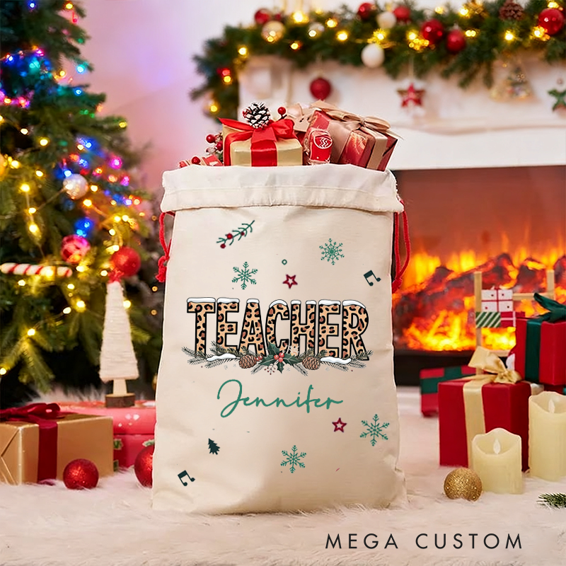 Personalized Teacher Christmas Gift Sack Snowy Teacher Design Santa Bag