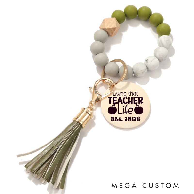 Personalized Teacher Keychain Teacher Life Apple Design Silicone Beads Bracelet Keychain Wooden Engraved Wristlet Keychain Teacher Appreciation Gift