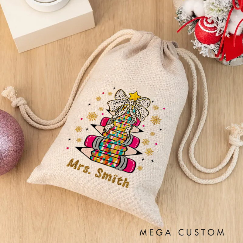 Personalised Christmas Santa Sack for Teachers Custom Star Bow Pencil Design Sack Christmas Gift