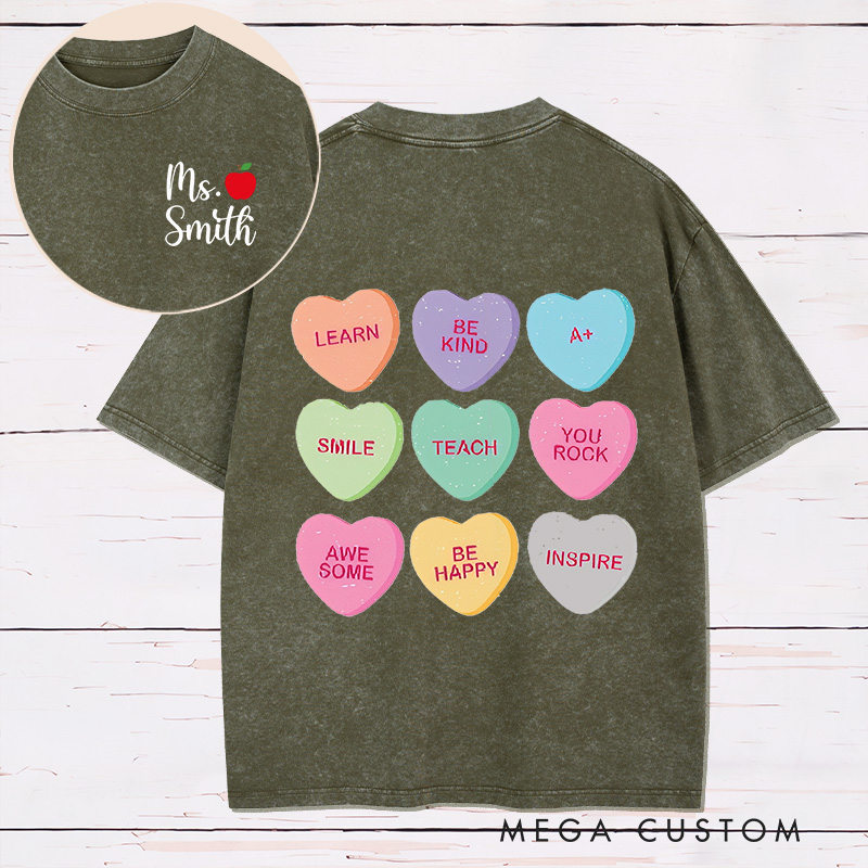 Personalized Teacher Two Sides Printed Washed T-Shirt Customized Teacher Heart Design Washed T-Shirt