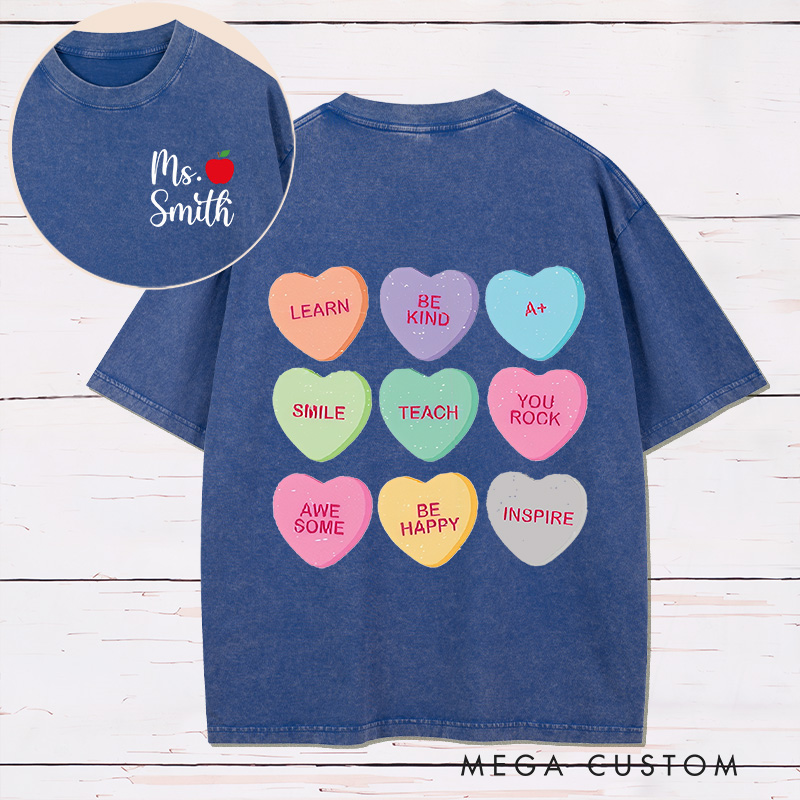 Personalized Teacher Two Sides Printed Washed T-Shirt Customized Teacher Heart Design Washed T-Shirt