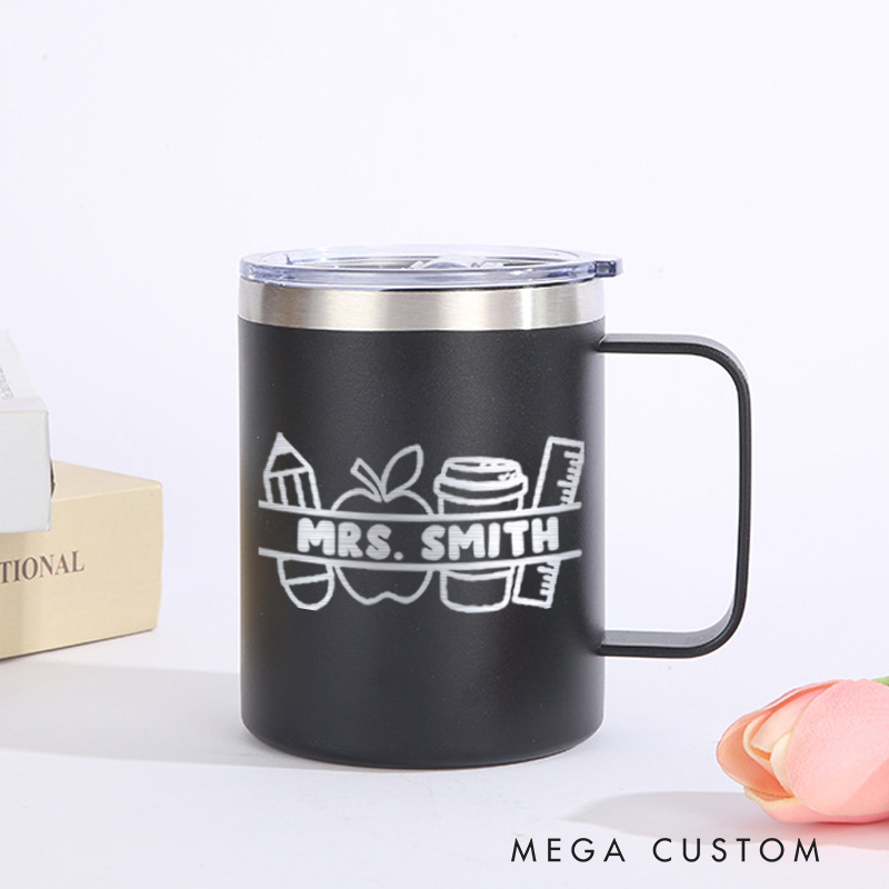 Personalized Teacher Laser Engraved Coffee Mug Custom Pencil Apple Coffee Design Coffee Mugs Insulated Stainless Steel Mugs Creative Teacher Gift