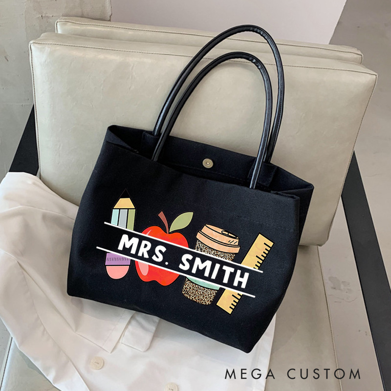 Personalized Teacher Canvas Tote Bag Pencil Apple Coffee Design Appreciation Gift for Teachers