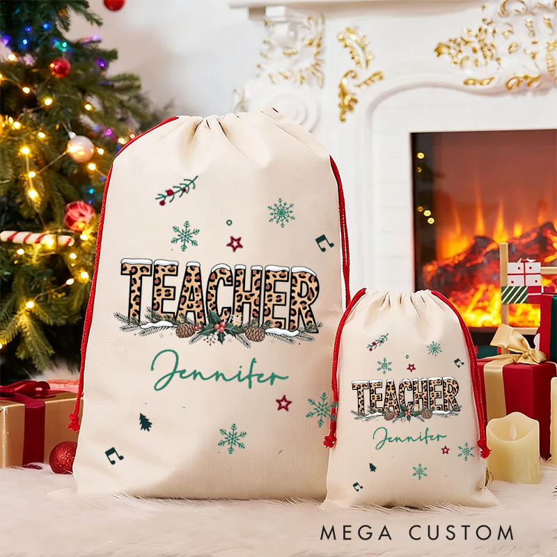 Personalized Teacher Christmas Gift Sack Snowy Teacher Design Santa Bag