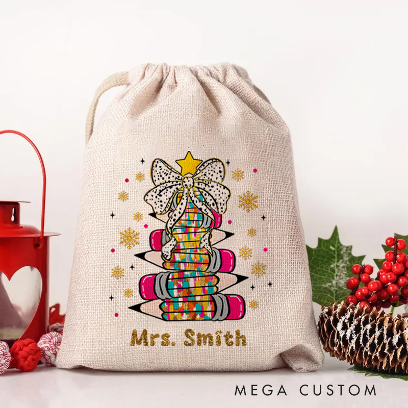 Personalised Christmas Santa Sack for Teachers Custom Star Bow Pencil Design Sack Christmas Gift