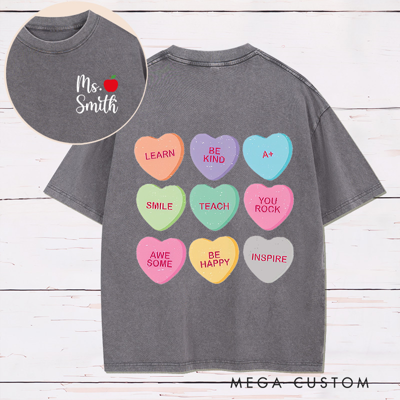 Personalized Teacher Two Sides Printed Washed T-Shirt Customized Teacher Heart Design Washed T-Shirt
