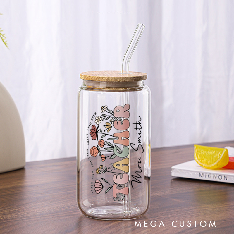 Personalized Teacher Tumbler with Lid and Straw Flower Teacher Custom Glass Coffee Cup Teacher Appreciation Gift